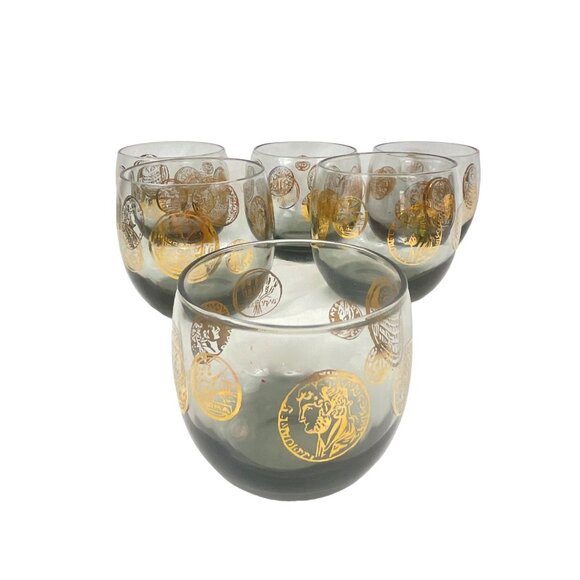 Vintage Mid-Century Lowball Glasses Set of 6 Coin Design 22K Gold Accents Smoky - Picture 1 of 10